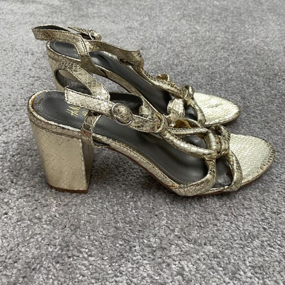 H&M Block Heels Sandals Womens 9 40 Gold Snake Skin Strappy Buckle Party Casual - Picture 3 of 12
